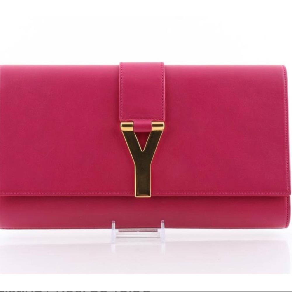 💯 Authentic Saint Laurent Cabas YSL Ligne Y Macho Large Pink Leather Clutch